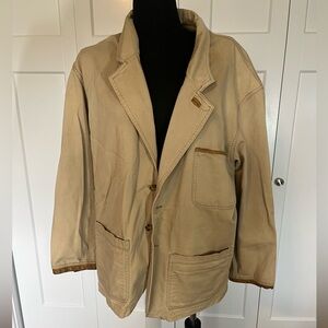 Orvis Mens L Tan Casual Jacket Chore Coat Fishing Jacket Leather Trim Field Barn